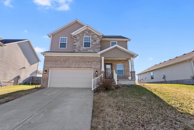 view of front of property featuring a garage, brick siding, concrete driveway, and a front lawn