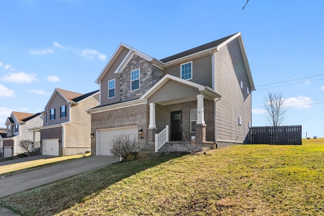 craftsman-style home featuring a front lawn, driveway, fence, a garage, and brick siding