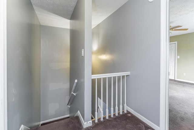 stairs featuring a textured ceiling, baseboards, and carpet floors