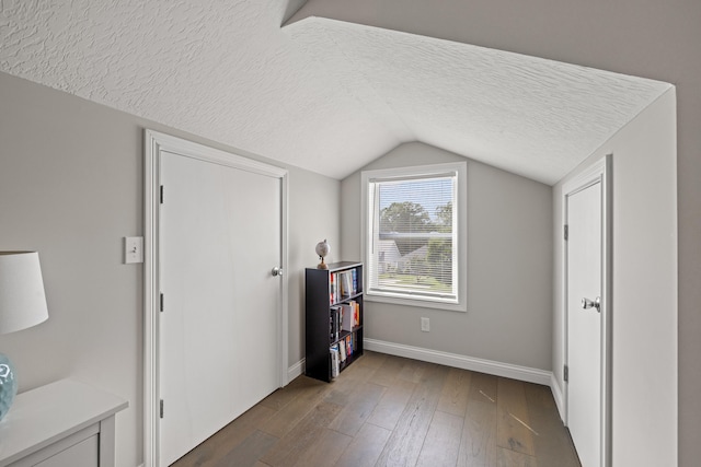 additional living space with lofted ceiling, wood finished floors, baseboards, and a textured ceiling