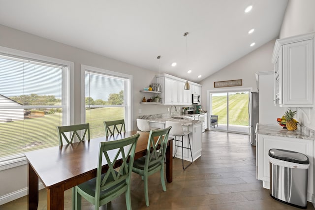 dining room featuring dark wood finished floors, lofted ceiling, recessed lighting, and a healthy amount of sunlight