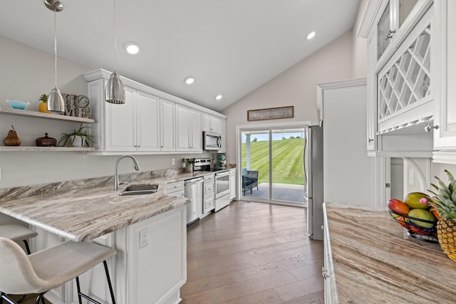 kitchen featuring hardwood / wood-style floors, light stone counters, a breakfast bar, a sink, and appliances with stainless steel finishes