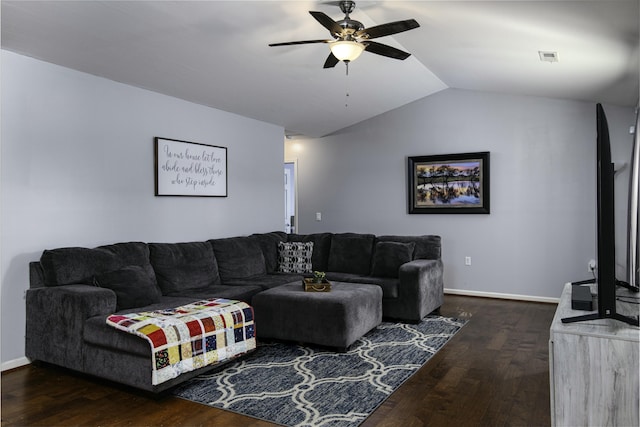 living room with lofted ceiling, baseboards, dark wood-type flooring, and ceiling fan