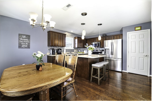 dining room with dark wood-style floors, visible vents, and a chandelier