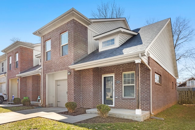 view of front facade featuring a garage, brick siding, driveway, and roof with shingles