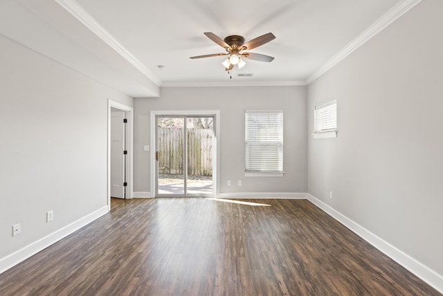 unfurnished room with ceiling fan, dark wood-style floors, baseboards, and ornamental molding