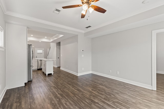 unfurnished living room with dark wood-type flooring, crown molding, baseboards, and visible vents