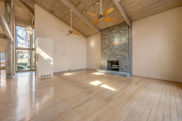 unfurnished living room with wood ceiling, hardwood / wood-style floors, and a fireplace