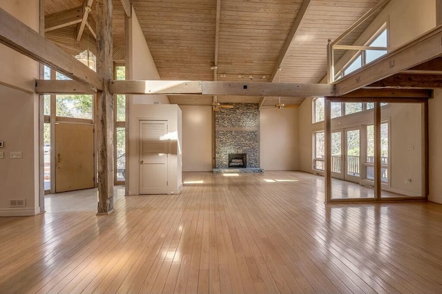 unfurnished living room featuring visible vents, high vaulted ceiling, a stone fireplace, beamed ceiling, and light wood-type flooring