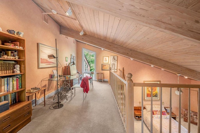 hall with baseboards, carpet floors, wood ceiling, and vaulted ceiling with beams