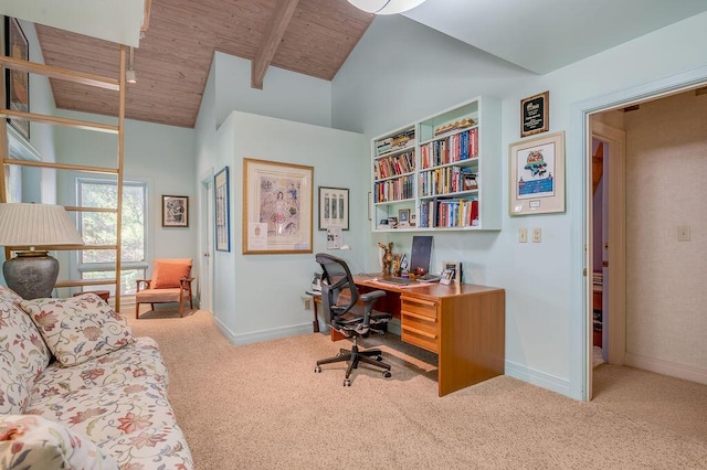 carpeted office with beamed ceiling, baseboards, high vaulted ceiling, and wood ceiling