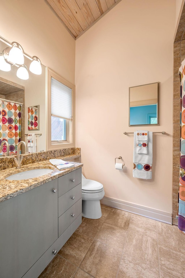 full bath featuring baseboards, toilet, lofted ceiling, wooden ceiling, and vanity