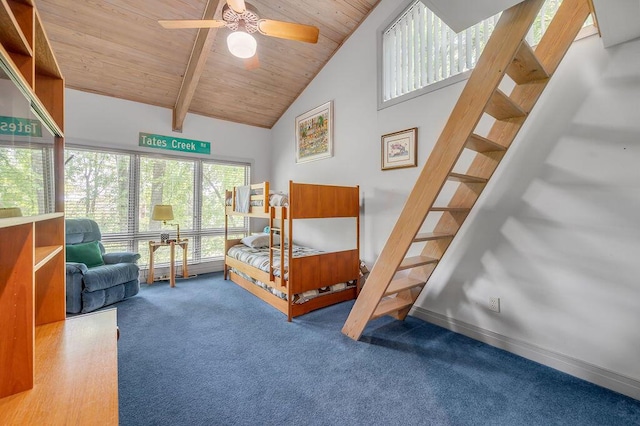 bedroom with a ceiling fan, baseboards, carpet floors, high vaulted ceiling, and wooden ceiling