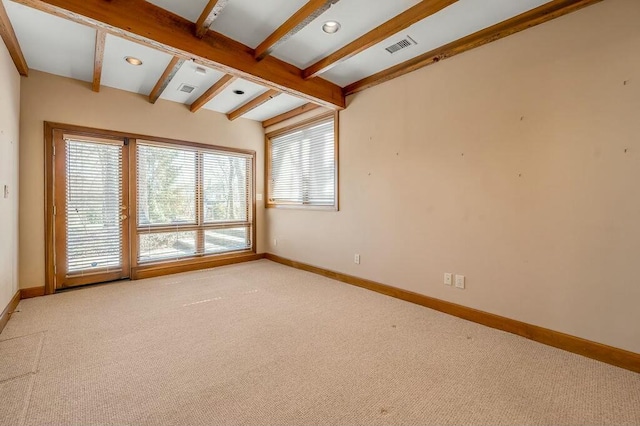 carpeted empty room featuring beamed ceiling, recessed lighting, visible vents, and baseboards