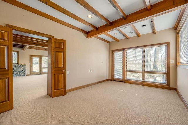 unfurnished room featuring beam ceiling, recessed lighting, light colored carpet, and baseboards