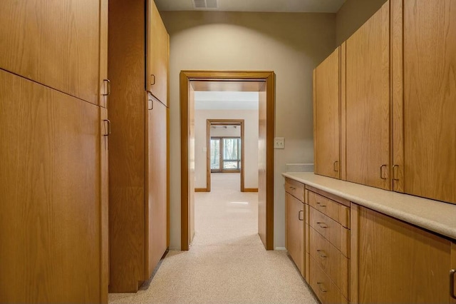 hall featuring light carpet, visible vents, and baseboards