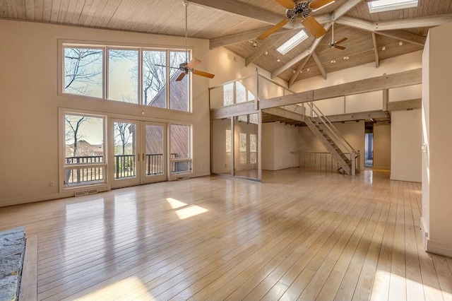 interior space featuring wood ceiling, a skylight, a ceiling fan, and hardwood / wood-style flooring