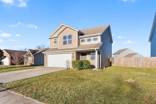 traditional home with fence, concrete driveway, a front yard, a garage, and brick siding