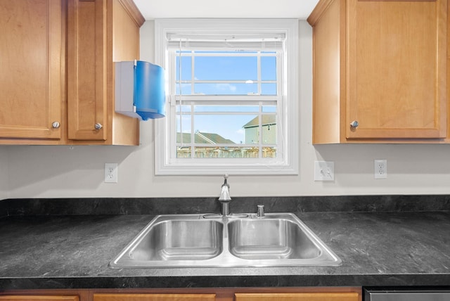 kitchen with dark countertops, dishwasher, and a sink