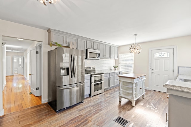 kitchen with an inviting chandelier, light wood finished floors, gray cabinetry, stainless steel appliances, and decorative backsplash