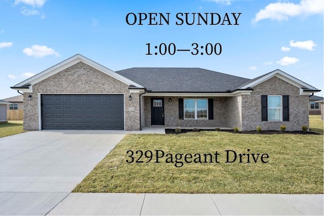 ranch-style house with a garage, brick siding, concrete driveway, and a front lawn