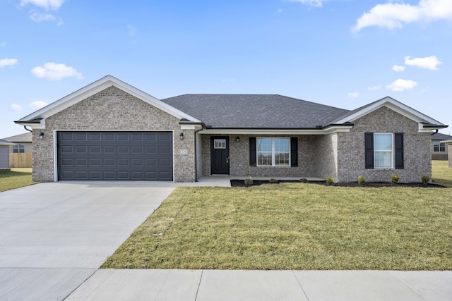 single story home featuring driveway, a front lawn, an attached garage, a shingled roof, and brick siding