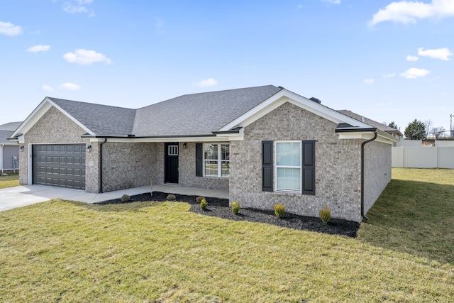 single story home featuring a front lawn, fence, concrete driveway, an attached garage, and a shingled roof