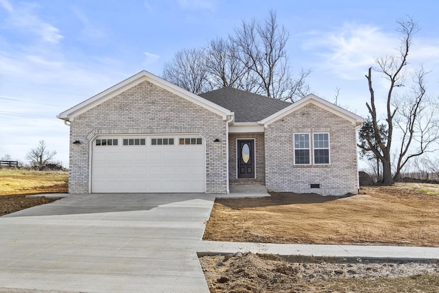 ranch-style house with concrete driveway, an attached garage, brick siding, and crawl space