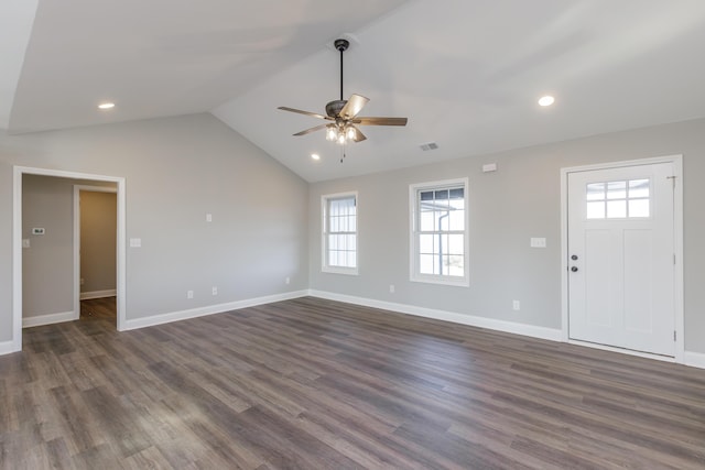 unfurnished living room featuring recessed lighting, visible vents, lofted ceiling, and dark wood-style flooring