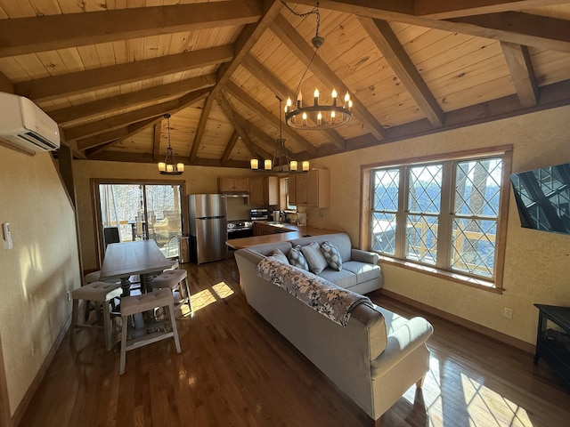 living area with an inviting chandelier, dark wood-style floors, vaulted ceiling with beams, and a wall mounted AC