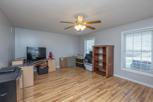 office area featuring visible vents, baseboards, ceiling fan, and light wood finished floors