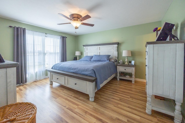 bedroom featuring ceiling fan, baseboards, and light wood-style floors