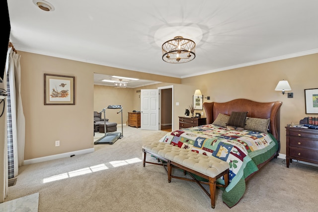 carpeted bedroom featuring baseboards, an inviting chandelier, and ornamental molding