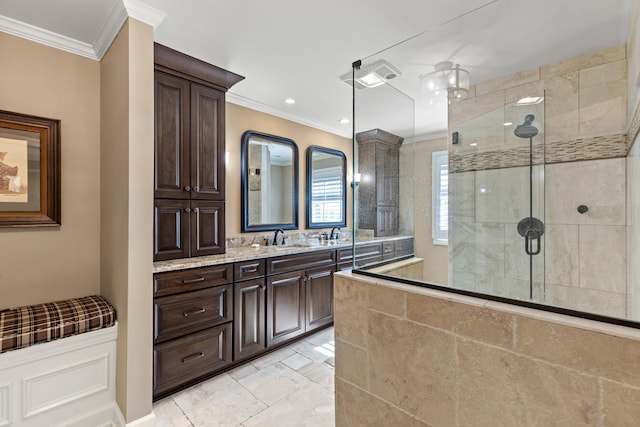 full bath with recessed lighting, a stall shower, vanity, and crown molding