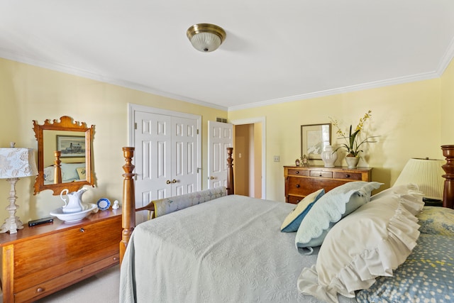 bedroom featuring a closet and ornamental molding