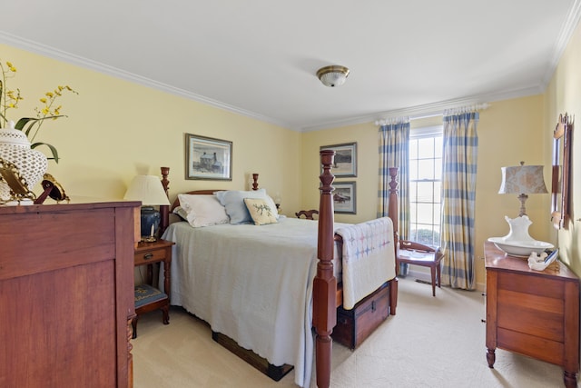 bedroom featuring light carpet and ornamental molding