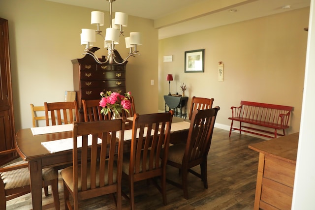 dining space with an inviting chandelier and dark wood-style flooring