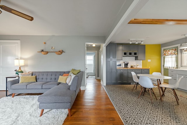 living room featuring a healthy amount of sunlight, baseboards, ceiling fan, and wood finished floors