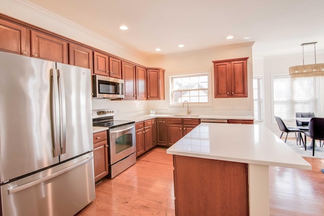 kitchen featuring light countertops, ornamental molding, light wood-style flooring, appliances with stainless steel finishes, and a sink