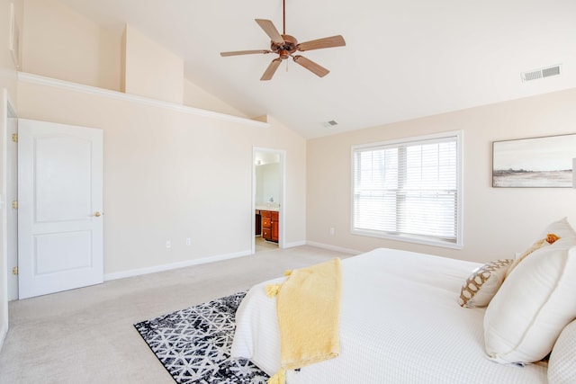 bedroom with visible vents, baseboards, light colored carpet, and high vaulted ceiling