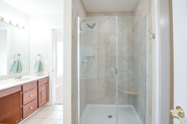 bathroom featuring vanity, a shower stall, and tile patterned flooring