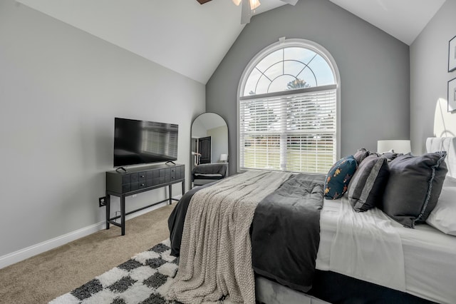 bedroom with lofted ceiling, baseboards, carpet floors, and ceiling fan