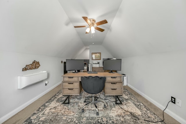 office area with light colored carpet, baseboards, a ceiling fan, and vaulted ceiling