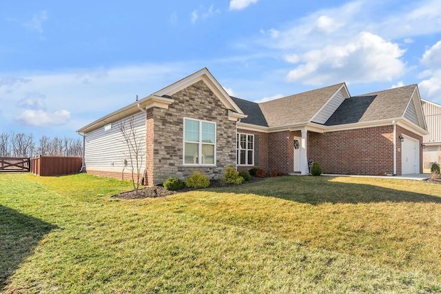 ranch-style home featuring a front lawn, fence, a garage, and stone siding