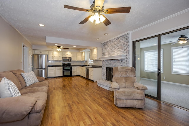 living room with ornamental molding, a textured ceiling, wood finished floors, a fireplace, and baseboards