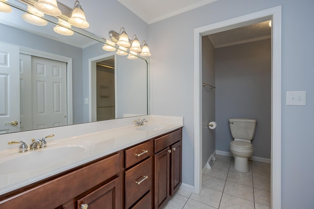 full bathroom with tile patterned floors, ornamental molding, an inviting chandelier, and a sink