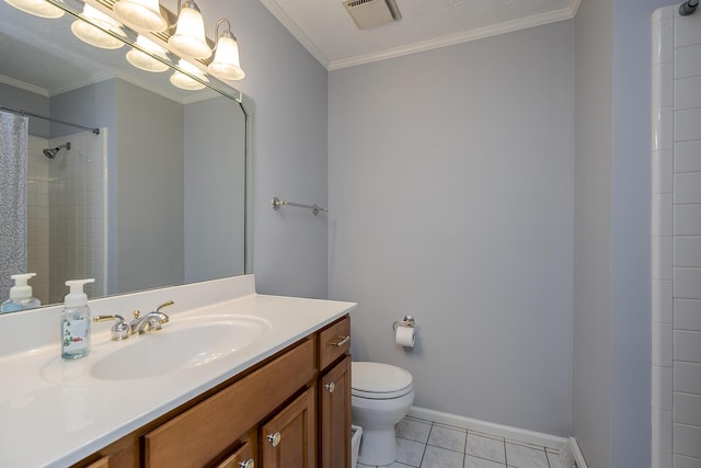 bathroom featuring tile patterned flooring, visible vents, toilet, ornamental molding, and vanity