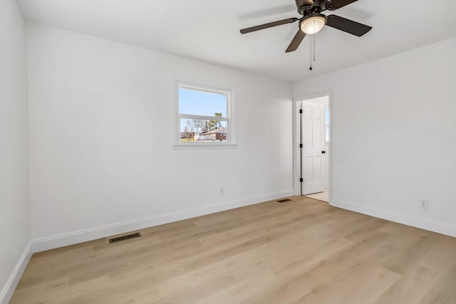 spare room featuring visible vents, baseboards, light wood-style floors, and ceiling fan