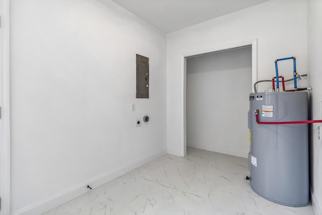 interior space with electric panel and electric water heater