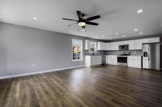 kitchen with a ceiling fan, recessed lighting, a sink, dark wood-type flooring, and appliances with stainless steel finishes